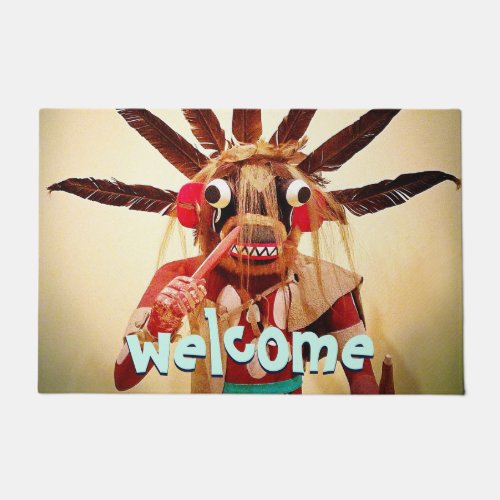 Wood Kachina Doll Funny Face Welcome Typography Doormat