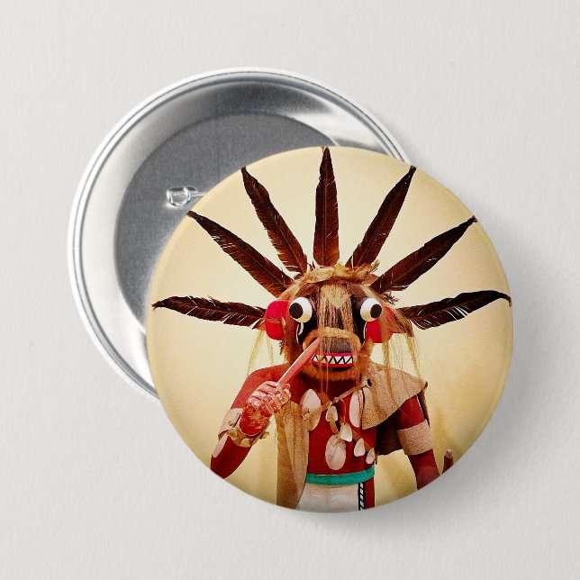Wood kachina doll photo cute silly funny face button (Front & Back)
