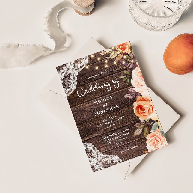 Wood Lace Blush & Peach Floral w/ Lights Invitatio Invitation (Creator Uploaded)
