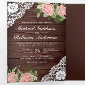 Wood Lace Dusty Pink Rose String Lights Wedding Tri-Fold Invitation (Inside First)