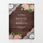 Wood Lace Dusty Pink Rose String Lights Wedding Tri-Fold Invitation (Cover)