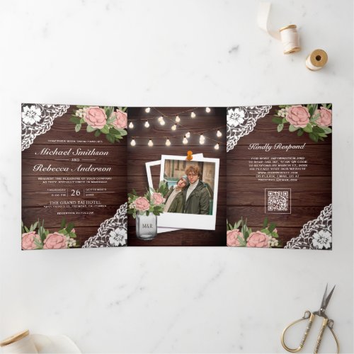 Wood Lace Dusty Rose String Lights QR Code Wedding Tri-Fold Invitation