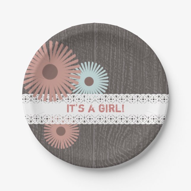 Wood + Lace Inspired Floral Baby Shower Paper Plates (Front)