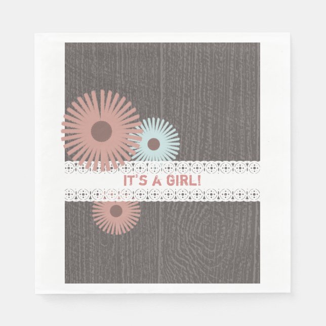 Wood + Lace Inspired Floral Girl Baby Shower Napkins (Front)