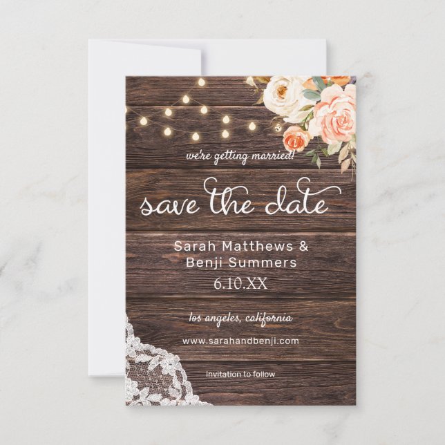 Wood Lace, Lights, Blush & Peach Floral Rustic 2 Save The Date (Front)