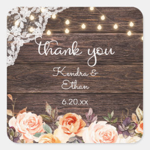 Wood Lace Lights, Blush & Peach Floral Thank You 2 Square Sticker