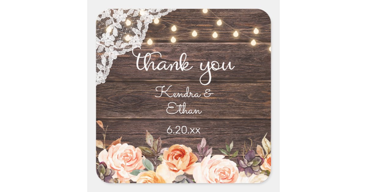 Thank You Rfs Wood Lace Lights, Blush & Peach Floral Thank You 2 Square Sticker | Zazzle