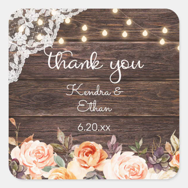 Wood Lace Lights, Blush & Peach Floral Thank You 2 Square Sticker | Zazzle