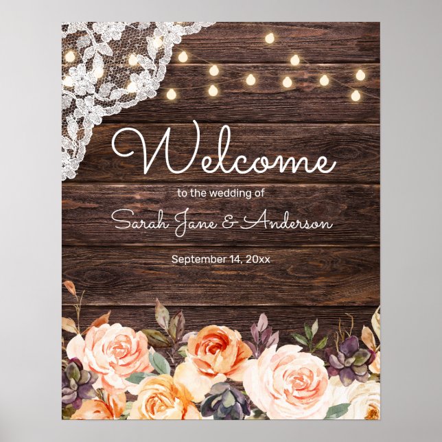 Wood Lace, Lights, Blush & Peach Floral Welcome Poster (Front)