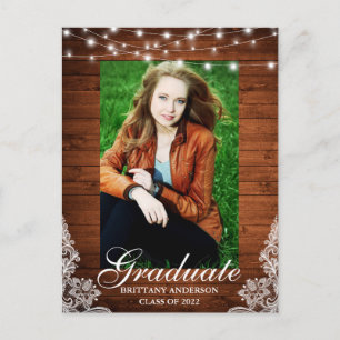 Wood Lace Lights Photo Graduation Announcement Postcard