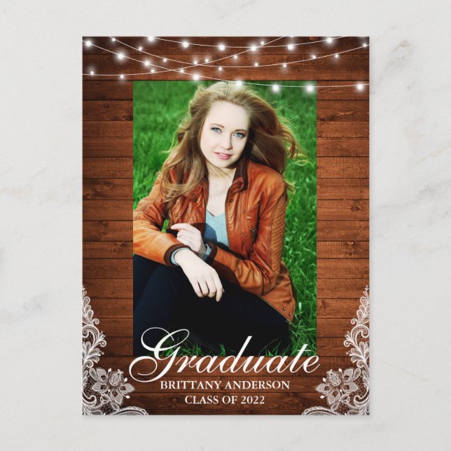 Wood Lace Lights Photo Graduation Announcement Postcard (Front)