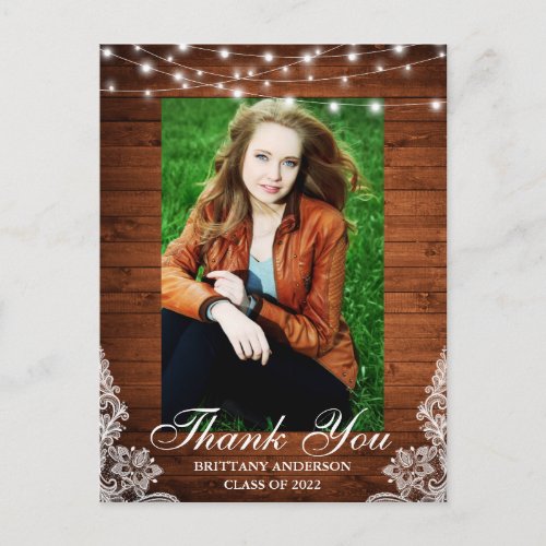 Wood Lace Lights Photo Graduation Thank You Postcard