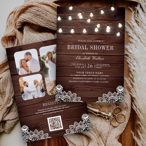 Wood Lace String Light Photo QR Code Bridal Shower Invitation