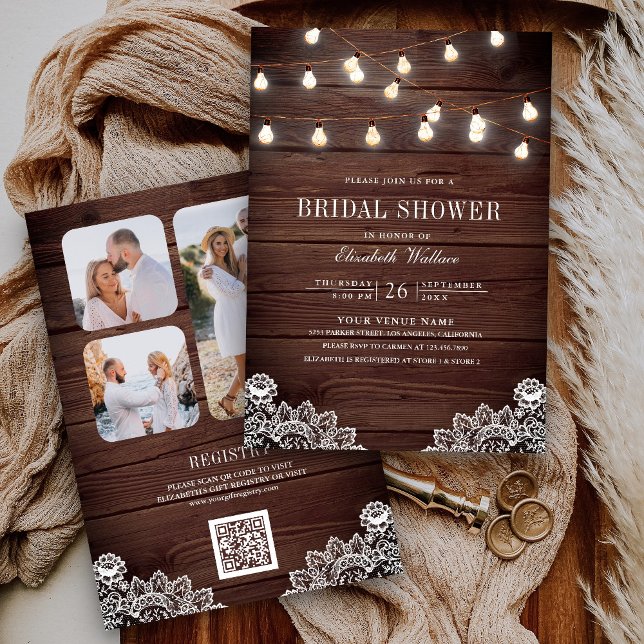 Wood Lace String Light Photo QR Code Bridal Shower Invitation (Creator Uploaded)