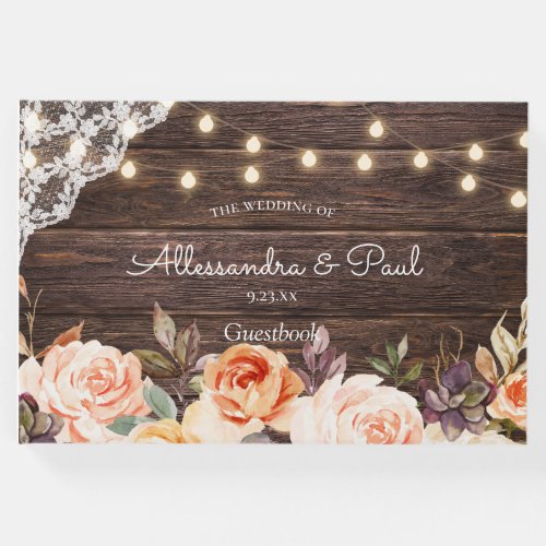 Wood Lace String Lights Blush  Peach Floral Guest Book