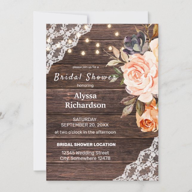 Wood Lace, String Lights, Blush & Peach Floral Invitation (Front)