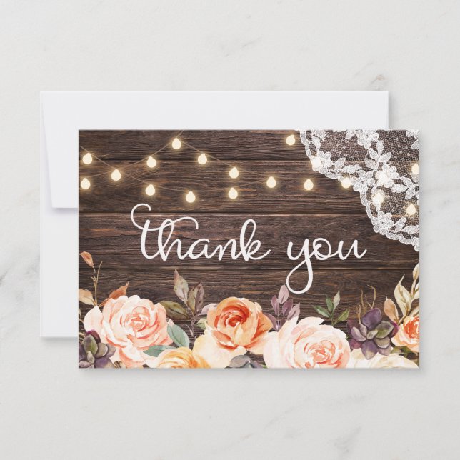 Wood Lace, String Lights, Blush & Peach Floral Thank You Card (Front)