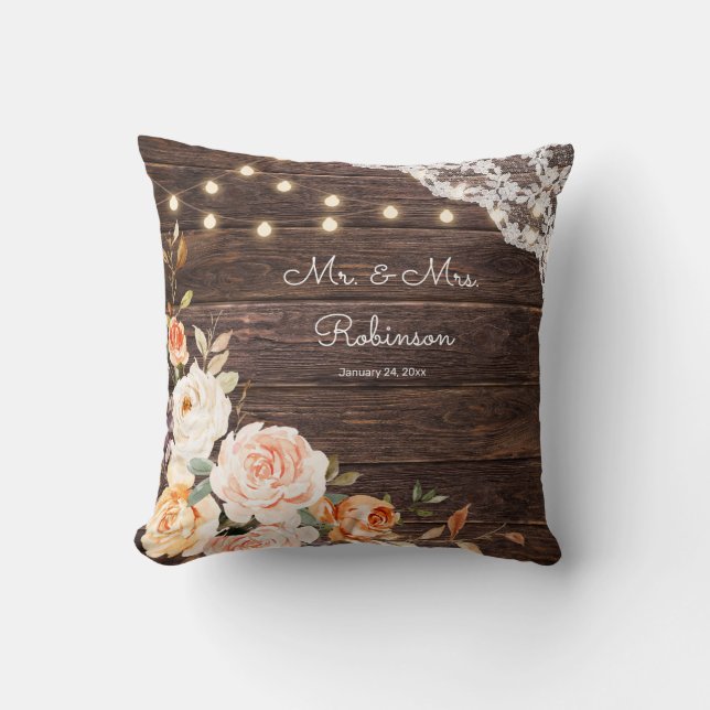 Wood Lace, String Lights, Blush & Peach Floral Throw Pillow (Front)
