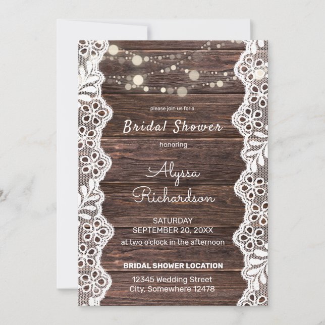 Wood Lace & String Lights Bridal Shower Invitation (Front)