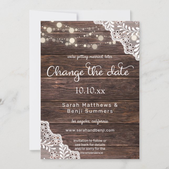 Wood Lace & String Lights Change the Date Invitation (Front)