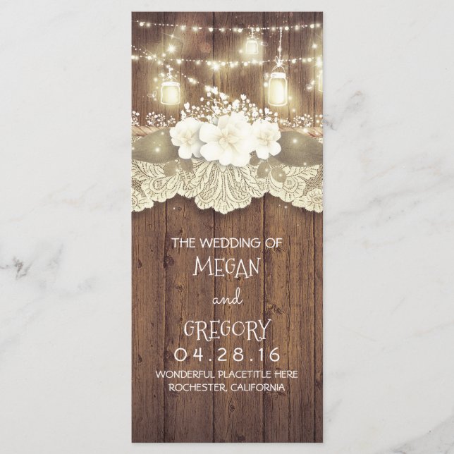 Wood Lace String Lights Mason Jars Wedding Program (Front)