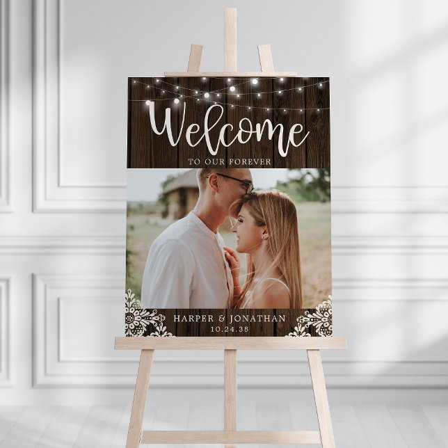 Wood Lace String Lights Photo Wedding Welcome Foam Board (Creator Uploaded)