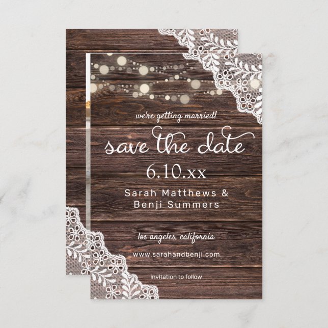 Wood Lace & String Lights Save The Date V2 Photo (Front/Back)