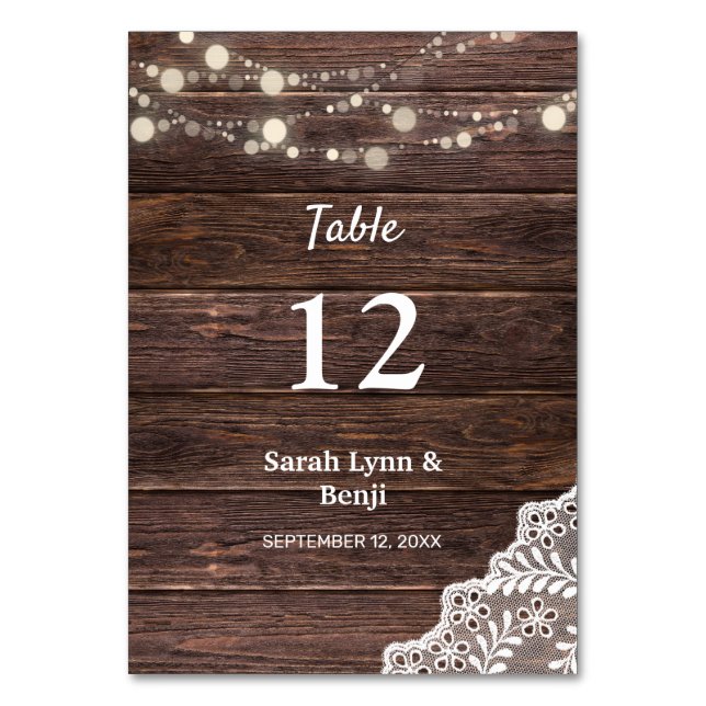 Wood, Lace, String Lights Table Number (Front)