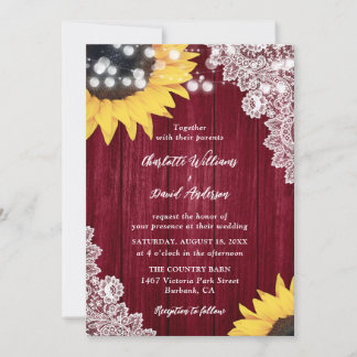 Wood Lace Sunflower Burgundy Wedding Invitations