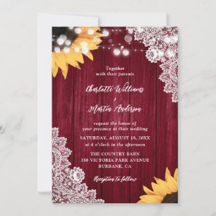 Wood Lace Sunflower Burgundy Wedding Invitations