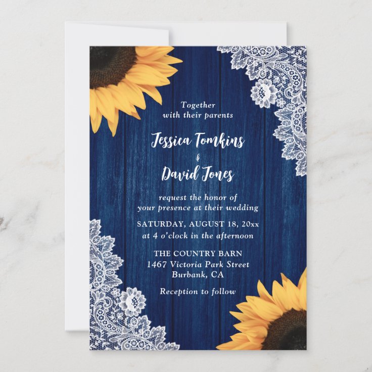 Wood Lace Sunflower Navy Blue Wedding Invitations | Zazzle