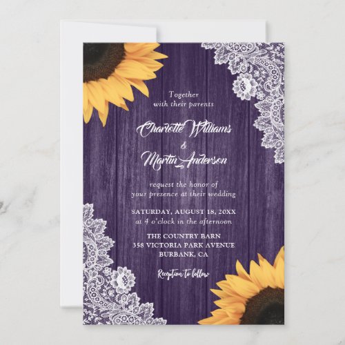 Wood Lace Sunflower Purple Wedding Invitations