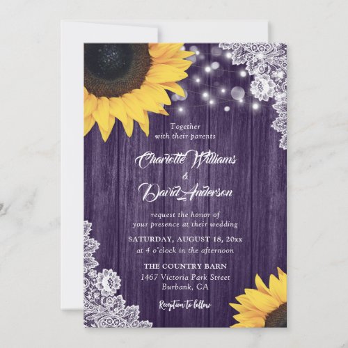 Wood Lace Sunflower Purple Wedding Invitations