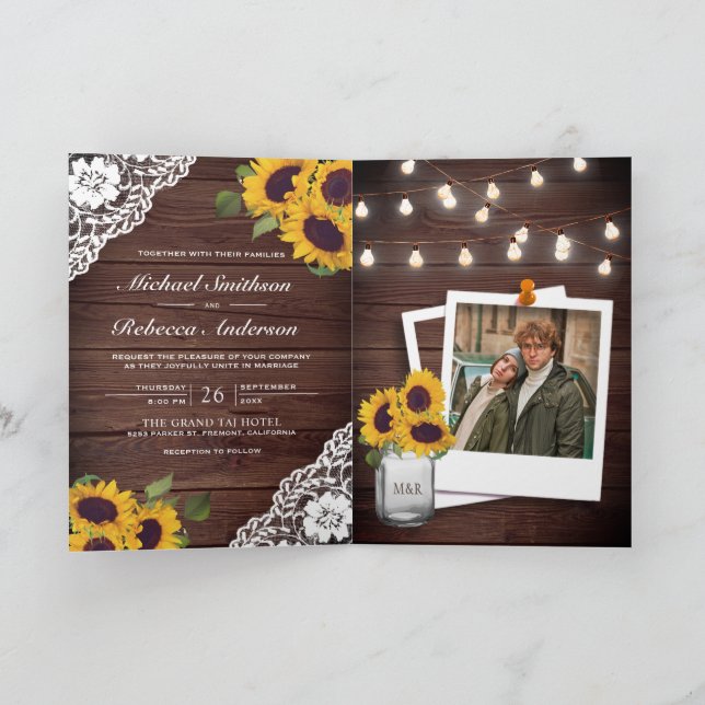 Wood Lace Sunflower String Lights QR Code Wedding Invitation (Inside)