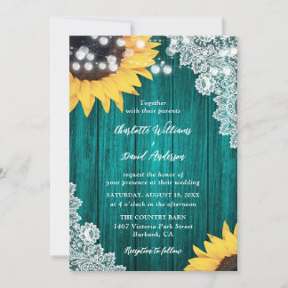 Wood Lace Sunflower Teal Wedding Invitations