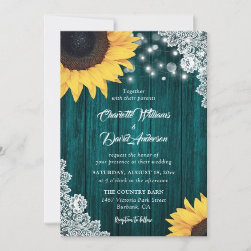 Wood Lace Sunflower Teal Wedding Invitations