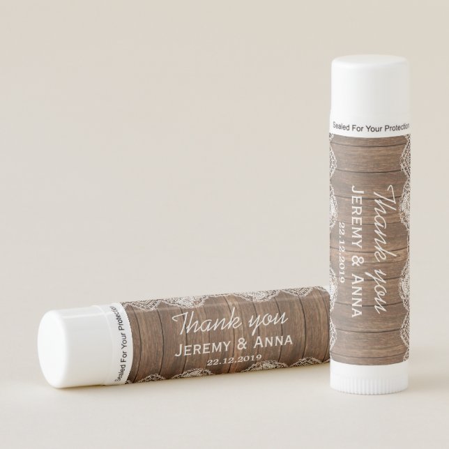 Wood Lace Thank You Wedding Lip Balm (Front)