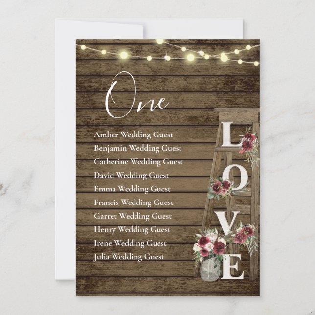 Wood Ladder Burgundy Floral Table One Seating Card (Front)
