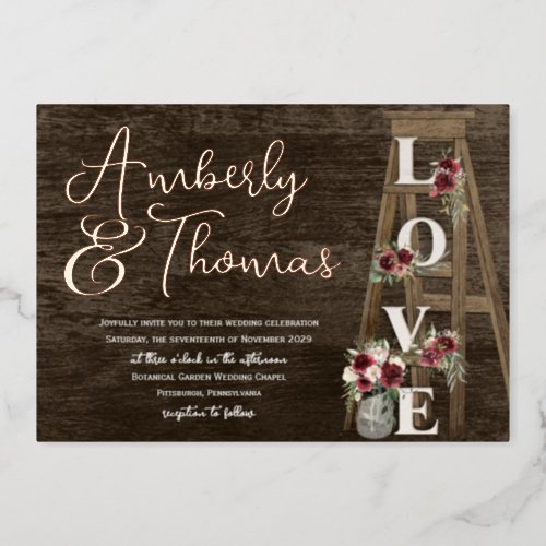 Wood Ladder with Love Letters Floral Foil Invitation
