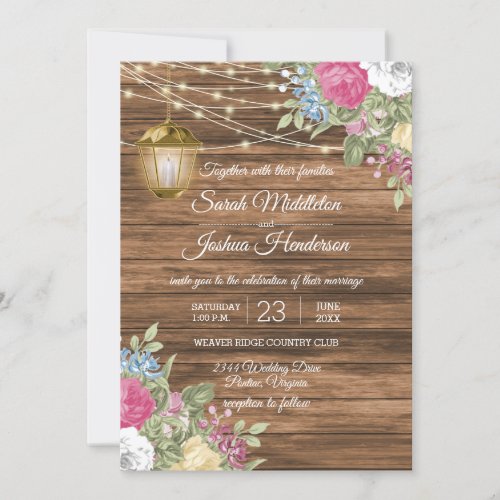 Wood Lantern and Beautiful Spring Flower Wedding Invitation