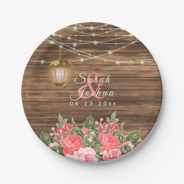 Wood, Lantern and Coral Flower Paper Plates (Front)