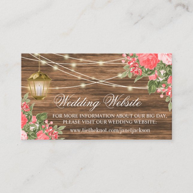 Wood, Lantern and Coral Flower -  Wedding Website Enclosure Card (Front)