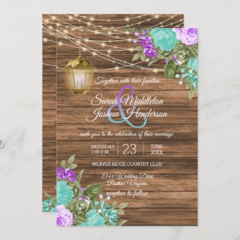 Wood, Lantern and Purple and Teal Flower Wedding Invitation