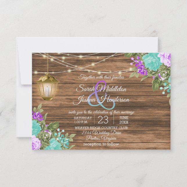 Wood, Lantern and Teal and Purple Flower Wedding  Invitation (Front)