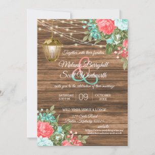 Wood, Lantern and Teal, Coral Flower Wedding Invi Invitation