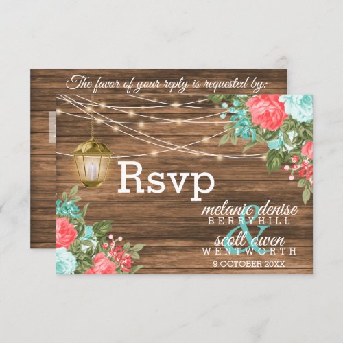 Wood Lantern and Teal Coral Flowers  RSVP Card