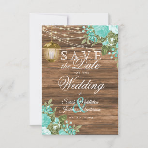 Wood, Lantern and Teal Flower - Save the Date
