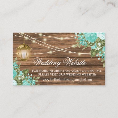 Wood Lantern and Teal Flowers _  Wedding Website Enclosure Card