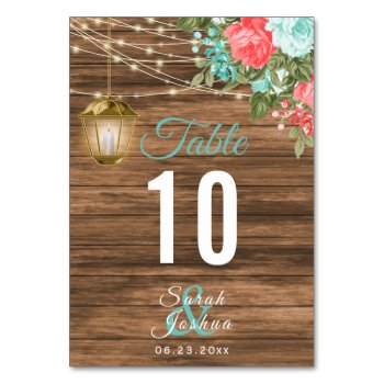Wood  Lantern With Teal & Coral Floral Table Number by DesignsbyDonnaSiggy at Zazzle