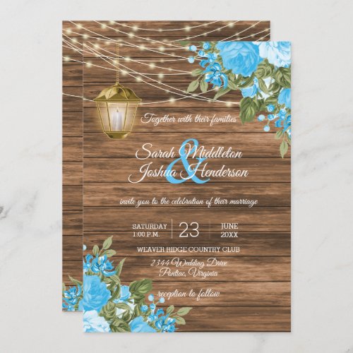 Wood Lanterns and Baby Blue Flower Wedding Invitation